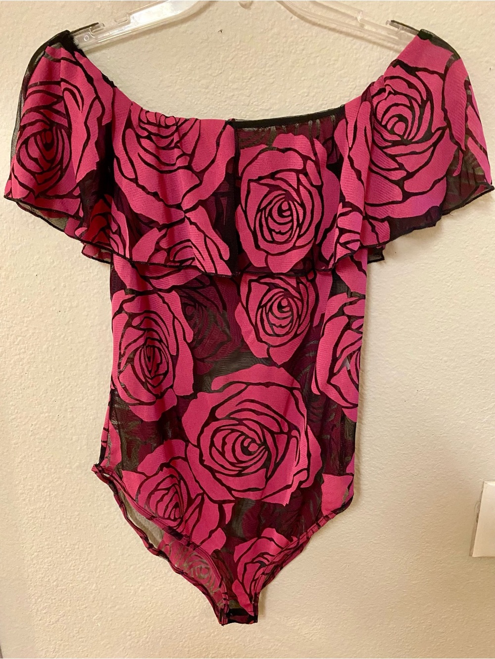 Curvy Sense Off-Shoulder Rose Print Mesh Bodysuit - Size 1X - EUC!